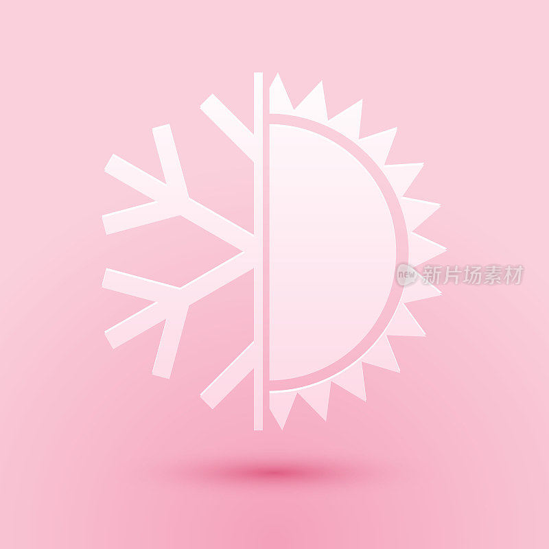 Paper cut Hot and cold symbol. Sun and snowflake icon isolated on pink background. Winter and summer symbol. Paper art style. Vector